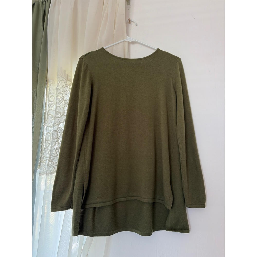 Elie Tahari Sweater Womens Medium Olive Green High-Low Pleated Back Cashmere